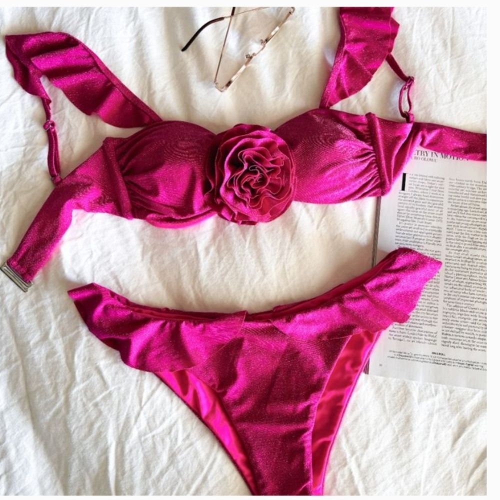 Beach Riot Hot Pink Glitter Ruffle Bikini Set - Picture 4 of 7
